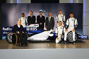 Frank Williams, Narain Karthikeyan, Sam Michael, Tim Routsis, Patrick Head, Alex Wurz, Nico Rosberg, Mark Webber, Williams FW28 - Cosworth